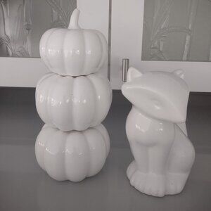 White Ceramic Fox and Pumpkins Set